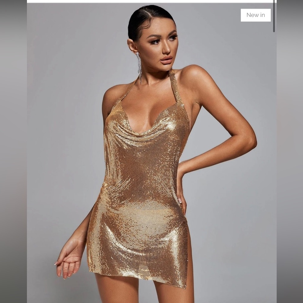 JESSICA BARA TEZZA HALTER METAL CHAIN MINI DRESS